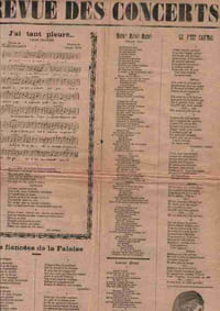 Partition de la chanson : Revue des Concerts Recueil recto-verso de chansons : - J'ai tant pleuré - Marie ! Marie ! Le P'tit Cad'nas - Les fiancés de la falaise - Amour brisé - Les p'tites ouvrières - Berceuse aux étoiles - L'impôt sur le Revenu- On est en République - Bonsoir Mamzelle - 15.000 Balles par an - Le Ballon dirigeable 38cm X 53cm