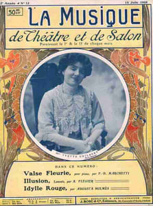 Partition de la chanson : Musique de théâtre et de salon du 15 juin 1908 Numéro 12 de la deuxième Année du bimensuel ” La Musique de théâtre et de salon ” Dans ce numéro : - Valse Fleurie pour piano par F.D. Marchetti - Illusion Lamento par A. Flégier - Idylle rouge par Augusta Holmès