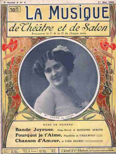 Partition de la chanson : Musique de théâtre et de salon du 1er Mai 1908 Numéro 9 de la deuxième Année publication bimensuelle ” La Musique de théâtre et de salon ” Dans ce numéro : Bande Joyeuse, polka-Marche de Rodolphe Berger - Pourquoi je t'aime, Napolitaine de Tagliafico - Chanson d'amour, de Paul Delmet