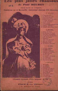 Partition de la chanson : Plus jolies chansons de Paul Delmet numéro 2 Publiées en 4 Recueils contenant chacun 10 chansons : - Envoi de fleurs - La chanson du réveil - Chanson crépusculaire - La fée aux cheveux d'or - L'île des baisers - Marinette - Ohé ! les amoureux ! - Que ne veux-tu ? - Romance fanée - Le chanteur des bois