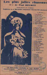Partition de la chanson : Plus jolies chansons de Paul Delmet numéro 4 Publiées en 4 Recueils contenant chacun 10 chansons :- Mélancolie - Les bleuets - Fanfreluches - Fermons nos rideaux - Fiancée aux étoiles - Ma douce Annette - Reine blonde - Sur l'herbe follette - Vous avez ri - La petite église