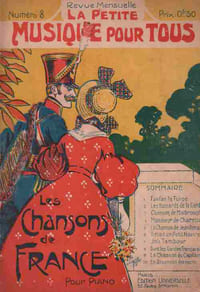 Partition de la chanson : Petite Musique pour tous, les Chansons de France Revue Mensuelle numéro 8, les chansons de France pour piano : - Fanfan la Tulipe - Les Hussards de la Garde - Chanson de Malbrought - Monsieur de Charette - La chanson de Jean Renaud - Il était un petit navire - Joli Tambour - Dans les Gardes Françaises - La Chanson du Capitaine - En revenant des noces Vieille chanson Française,Vieille chanson
