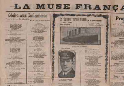 Partition de la chanson : Muse Française (La) Placard contenant les titres suivant au Verso : - Gloire aux infirmières - Pour nos mamans - Le " Lusitania " (torpillé et coulé par les pirates allemands) - Propos d'enfants - Pour vous , France si jolie Au recto : - Le sacrifice d'une mère - Le Bombardement de la Cathédrale de Reims - Jolies Ames - Pour la Liberté - Le Tour de l'Italie Dimension 42 X 54