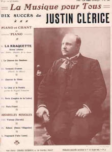 Partition de la chanson : Musique pour tous, dix succès de Justin Clérice Musique pour tous est une revue mensuelle, celle-ci est le numéro 41 de la quatrième année : - La chanson des Bambous - La Kraquette avec la Théorie illustrée de la danse par M. Sicard, Maître de Ballet - Hardi, les Bleus ! - Chanson de Gitane - Le chou et la perdrix - Pavie - Paris-Fêtard - Watteau - Rubens - Fragonard    Manque le dos de couverture   