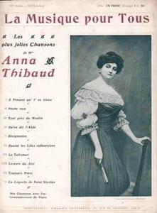 Partition de la chanson : Musique pour tous, les plus jolies chansons de Mlle Anna Thibaud Musique pour tous est une revue mensuelle, celle-ci est le numéro 26 de la troisième année : - A présent qu't'es vieux - Péchés roses - Tout près du moulin - Qu'en dit l'Abbé - Résignation - Quand les lilas refleuriront - Le Talisman - La lecture du soir - Toujours prêts - La légende de Saint-Nicolas       