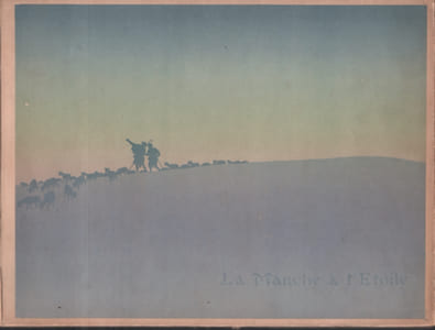 Partition de la chanson : Marche à l'étoile (La) Mystère en 10 tableaux, poème et musique de Georges FRAGEROLLE, 15 illustrations en couleurs à pleine page d'Henri RIVIERE. Format à l'italienne, reliure cartonnée d'éditeur, plats illustrés en couleurs. La lettre des titres, le décor de la Garde intérieure, les cachets et Fleurons ont été dessinés par Georges Auriol ; ouvrage de 40 pages ; table : - ouverture - l'étoile- les berger- les berger (suite)- les soldats -Les lépreux- les esclaves- les femmes- les rois mages- les pêcheurs- les pêcheurs ( suite) l'adoration- le Golgotha- apothéose. 