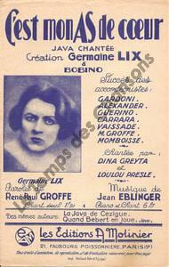 Partition de la chanson : C'est mon as de coeur        Bobino. Lix Germaine - Eblinger Jean - Groffe René-Paul
