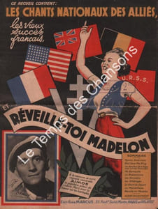 Partition de la chanson : Chants Nationaux des Alliés A la Mémoire de notre regretté camarade AIMOS, le populaire acteur de cinéma , Mort pour la France sur les barricades Ce recueil contient : - Réveille-toi Madelon - La Marseillaise - Le chant du départ - La Brabançonne - Les Girondins - Les Allobroges - Les Bateliers de la Volga ( Dédié aux défenseurs de Stalingrad ) - Ma Normandie - The Star splangled Banner - God save the King
