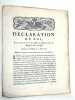 DECLARATION du Roi, Concernant les Actes de Baptême sur les Registres des Paroisses. Donné à Versailles le 12 Mai 1782.. 