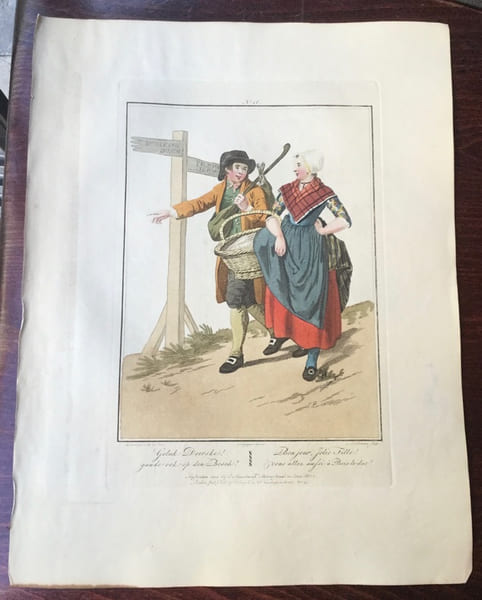 Jeune paysan et une paysanne du Brabant-Septentrional, allant au march&eacute; - "Jonge Boer en Landmeisje van Noord-Braband, ter markt gaande". Anonyme