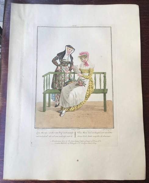 Demoiselle de la Nord-Hollande avec sa servante, au jardin - "Noord-Hollandsche Jonge Jufvrouw en Dienstmaagd, in een' tuin". Anonyme