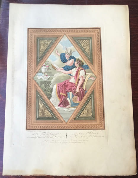 Muse du Dessin, qui pr&eacute;sente son ouvrage &agrave; Mercure - "Zinnebeeldige Titelplaat, verbeeldende de Teerekunst, die Mercurius haren kunstarbeid ...