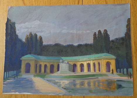 Gouache. Architecture, pavillon avec sculpture de lion. . Berthold (Max)