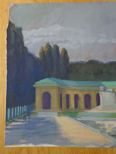 Gouache. Architecture, pavillon avec sculpture de lion.