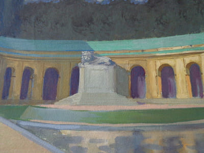 Gouache. Architecture, pavillon avec sculpture de lion. 