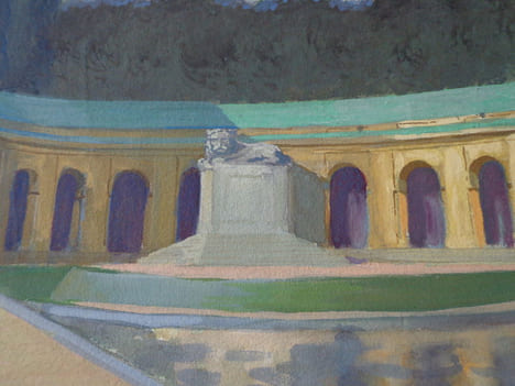 Gouache. Architecture, pavillon avec sculpture de lion. . Berthold (Max)