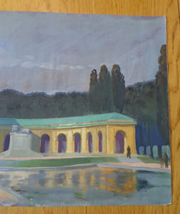 Gouache. Architecture, pavillon avec sculpture de lion.