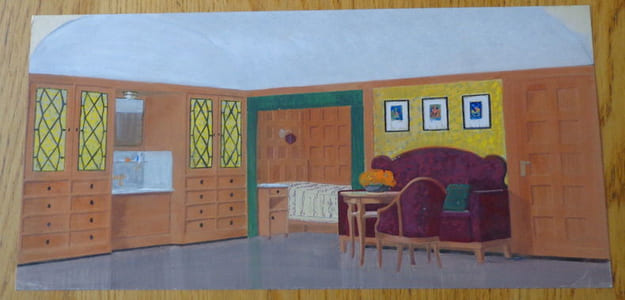 Gouache. Architecture d'intérieur, canapé, table, fenêtres.