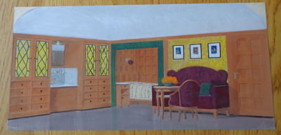 Gouache. Architecture d'intérieur, canapé, table, fenêtres.