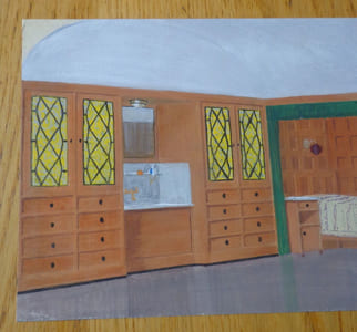 Gouache. Architecture d'intérieur, canapé, table, fenêtres.