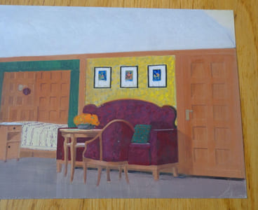 Gouache. Architecture d'intérieur, canapé, table, fenêtres.