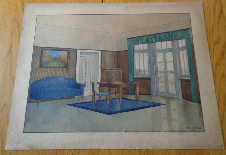 Gouache originale sign&eacute;e. Int&eacute;rieur avec table, rideaux. . Berthold (Max)