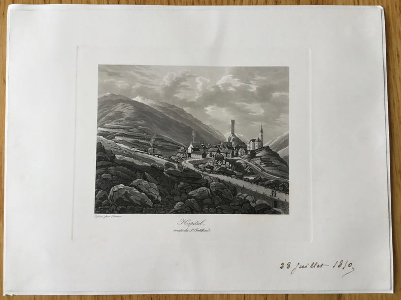 Gravure en aquatinte, Suisse : H&ocirc;pital, Route du St-Gotthard. Friner