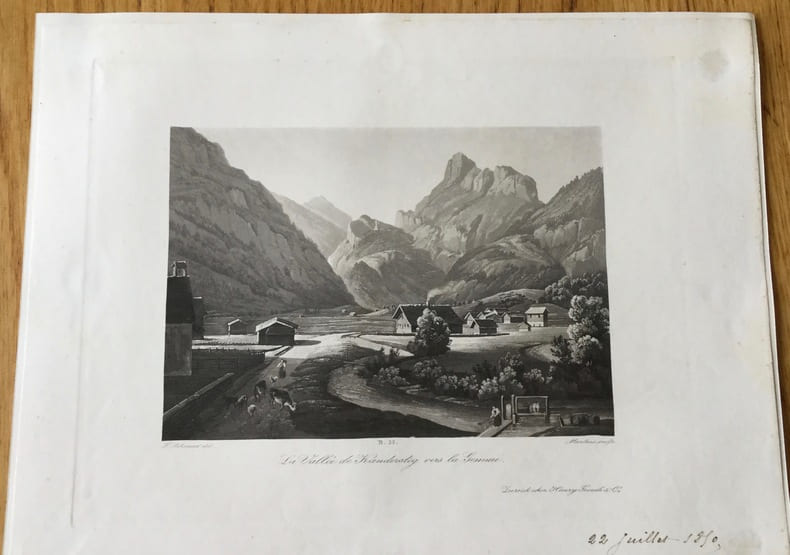 Gravure en aquatinte, Suisse : La Vall&eacute;e de Kandersteg vers la Gemmi. Schmied