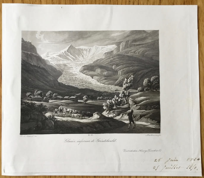 Gravure en aquatinte, Suisse : Glacier inf&eacute;rieur de Grindelwald. Anonyme
