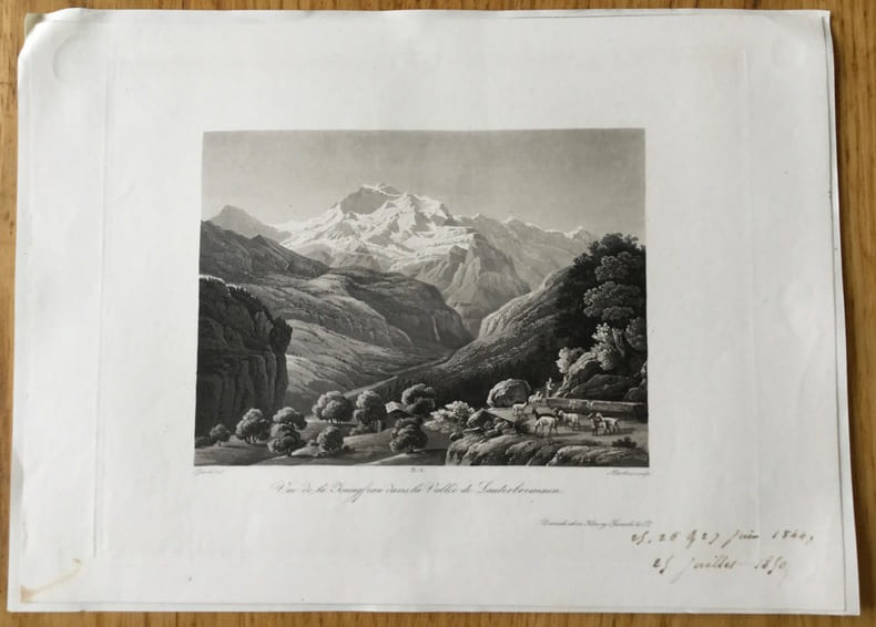 Gravure en aquatinte, Suisse : Vue de la Jungfrau dans la la Vall&eacute;e de Lauterbrounnen. Anonyme