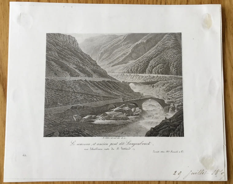 Gravure en aquatinte, Suisse : Le nouveau, et ancien pont dit Langenbruck, aux Schoellinen, route du St Gotthard. K&auml;lin