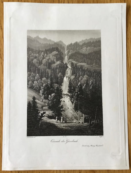 Gravure en aquatinte, Suisse : Cascade du Giessbach. Winterlin
