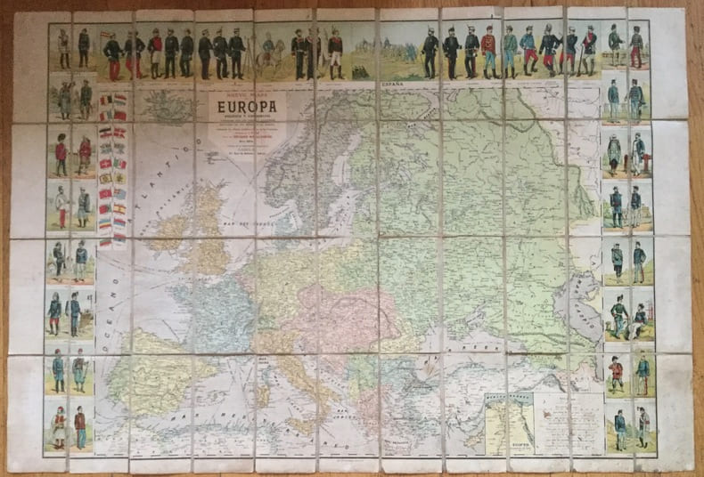 Nueva mapa de Europa politico y commercial, illustrado con los typos y uniformes militares de los estados de Europa. Indicando las ultimas ...
