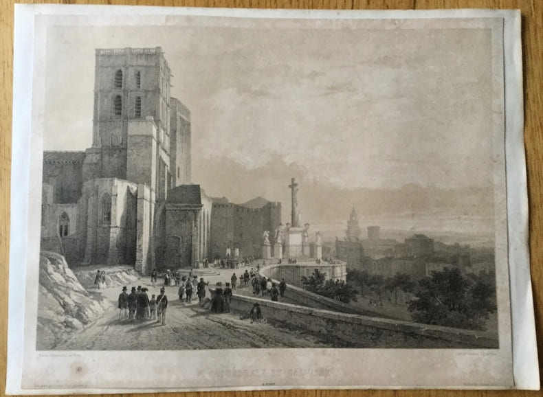 Gravure de la cath&eacute;drale et du calvaire, Avignon, Provence, XIXe. Chapuy et Bicheboy