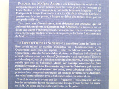 Paroles de Maître Arion. Réponses de Franz Bardon à des questions posées par ses élèves. Suivi de Fragments du quatrième livre inachevé "Le livre d'or de la sagesse ou La quatrième lame du Tarot - Alchimie".