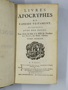 Livres apocryphes de l'ancien testament, en françois. Avec des notes. Pour servir de suite à la bible de Monsieur de Saci, en douze volumes. COMPLET en 2 VOLUMES. Tome premier. [- Tome second].