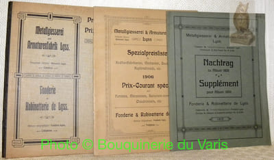 - Metallgiesserei und Armaturenfabrik Lyss. Preis-Liste 1906. Fonderie et robinetterie de Lyss. Prix-courant 1906.- Nachtrag zum Album 1906. Suppément pour Album 1906.- Spezialpreisliste für Kochherdfabrikanten, Mechaniker, Bauschlosser, Kupferschmide, etc. Prix-courant spécial pour fumistes, mécaniciens, serruriers-constructeurs, chaudronniers, etc.