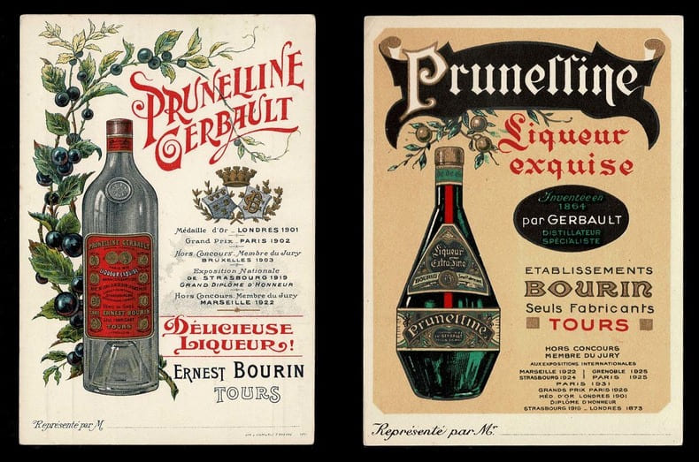 PRUNELLINE GERBAULT, D&eacute;licieuse liqueur ! et PRUNELLINE, Liqueur exquise.. BOURIN Ernest, Tours et &Eacute;tablissements BOURIN, Tours.