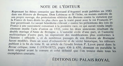 HISTOIRE DE BRETAGNE composée sur les titres et les auteurs originaux, enrichie de plusieurs portraits & tombeaux en taille douce; avec les preuves & pièces justificatives, accompagnées d'un grand nombre de sceaux.