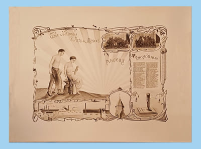 Lithographie, Feuille d'Exance des ARTS ET MÉTIERS d'ANGERS, promotion 1909-1912.