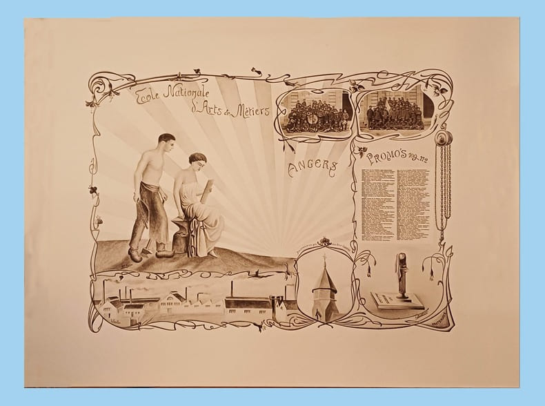 Lithographie, Feuille d'Exance des ARTS ET M&Eacute;TIERS d'ANGERS, promotion 1909-1912.. 