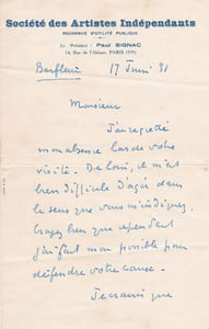 Trois lettres autographes signées adressées au peintre Pierre Monteret.