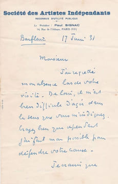 Trois lettres autographes signées adressées au peintre Pierre Monteret. . SIGNAC (Paul).