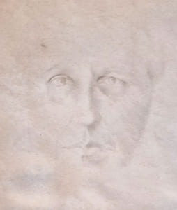 Portrait original à la mine d'argent sur parchemin (30 x 23 cm) contrecollé sur un double feuillet de papier Arches (format 38 x 32 cm) en tête duquel figure un manuscrit autographe de 32 lignes de Georges Bataille.