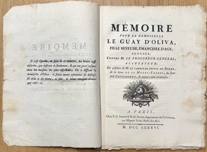 Mémoire pour la demoiselle Le Guay d'Oliva, fille mineure, émancipée d'âge, accusée ; contre M. le procureur général, accusateur ; en présence de M. le cardinal-prince de Rohan, de la dame de la Motte-Valois, du sieur de Cagliostro, & autres ; tous co-accusés.