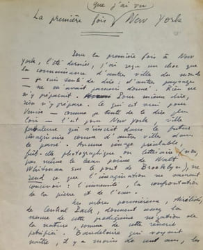 Manuscrit autographe "La première fois que j'ai vu New York".. DUMUR (Guy).