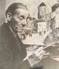 Portrait photographique de Maurice Utrillo peignant les moulins de Montmartre, la cigarette aux l&egrave;vres, 1960 (18 x 16 cm).. UTRILLO]