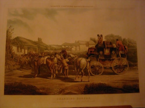 Fore's Coaching Recollections - Plate I - CHANGING HORSES - from a Picture in the Possession of Lord MacDonald . Engraved By J. Harris . Aquatinte
