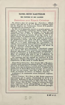Mes galeries et mes peintres. Entretiens avec Francis Crémieux.. KAHNWEILER DANIEL-HENRY (1884-1979)