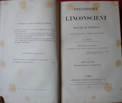 PHILOSOPHIE DE L'INCONSCIENT. EDOUARD DE HARTMANN
NOLEN (traducteur)